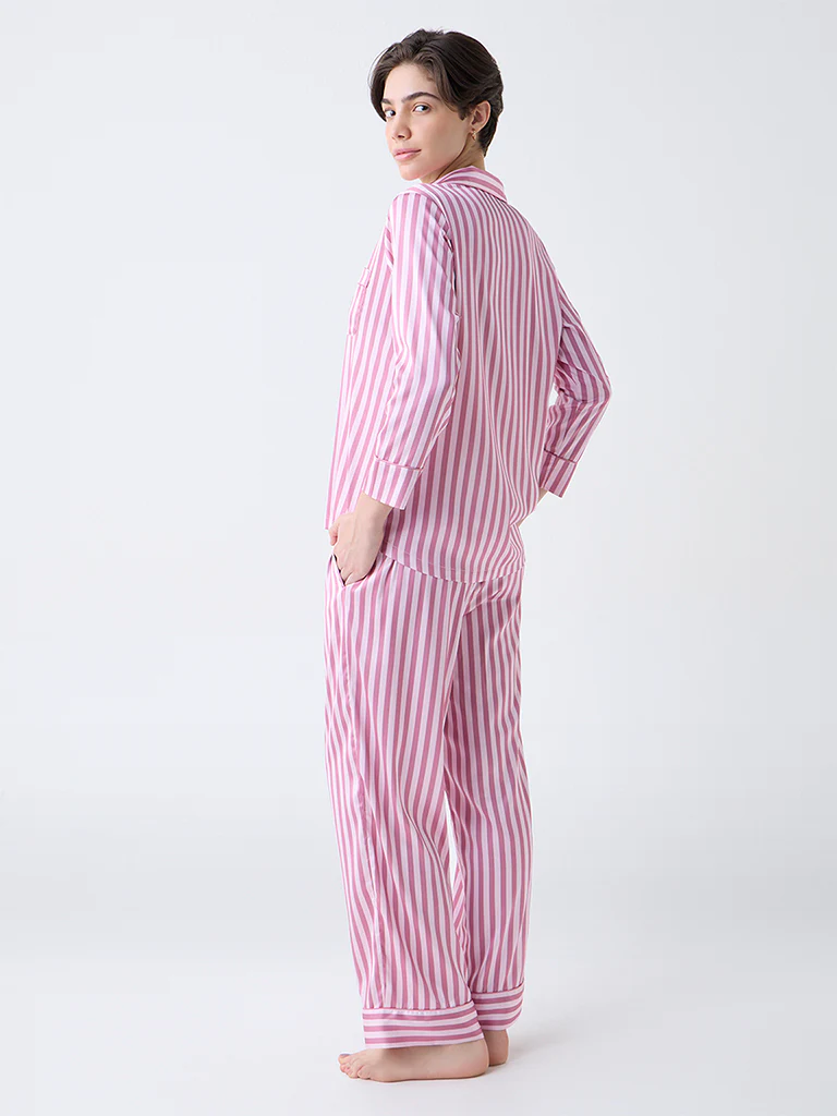 Wunderlove Pink Striped Satin Shirt with Pyjamas Set - Image 4