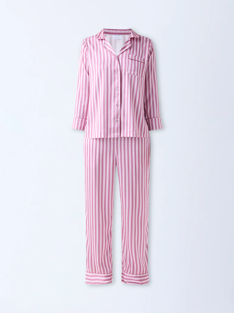 Wunderlove Pink Striped Satin Shirt with Pyjamas Set - Image 5