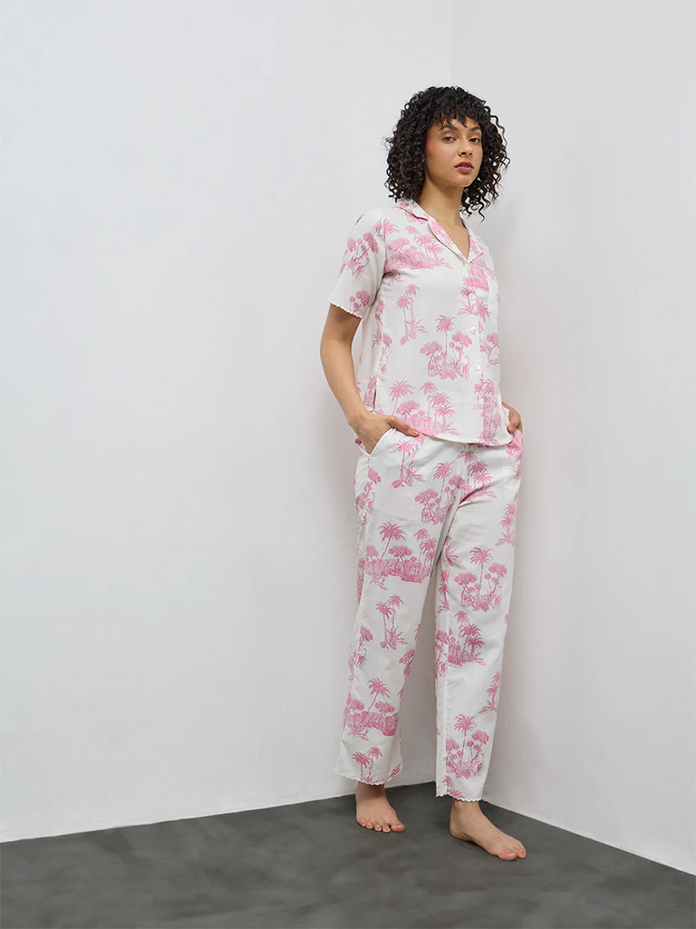 Wunderlove Pink Tropical-Inspired Cotton Shirt and Pyjama Set - Image 2