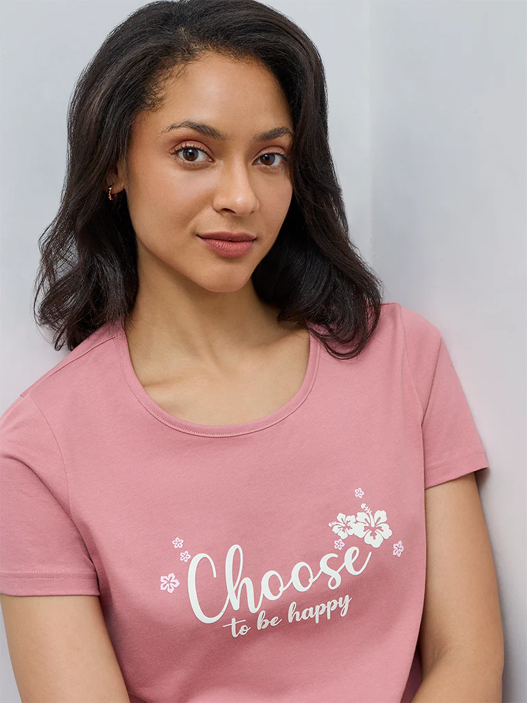 Wunderlove Pink Typographic Cotton T-Shirt - Image 3