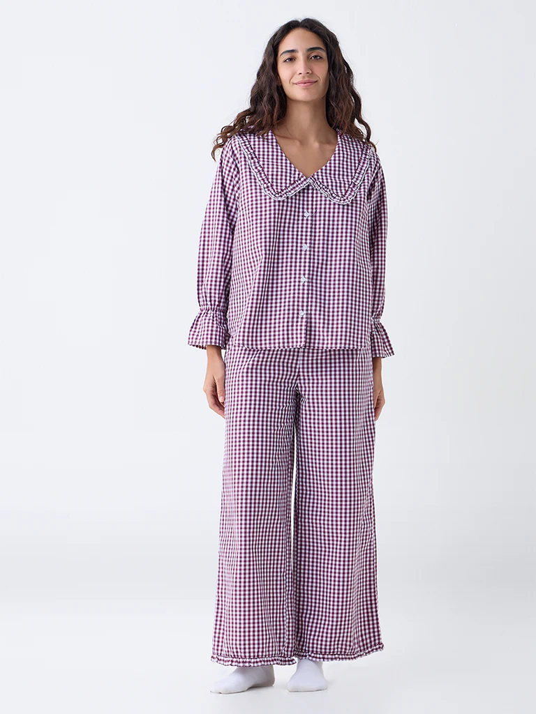Wunderlove Plum Checkered Cotton-Blend Shirt and Pyjama Set - Image 2