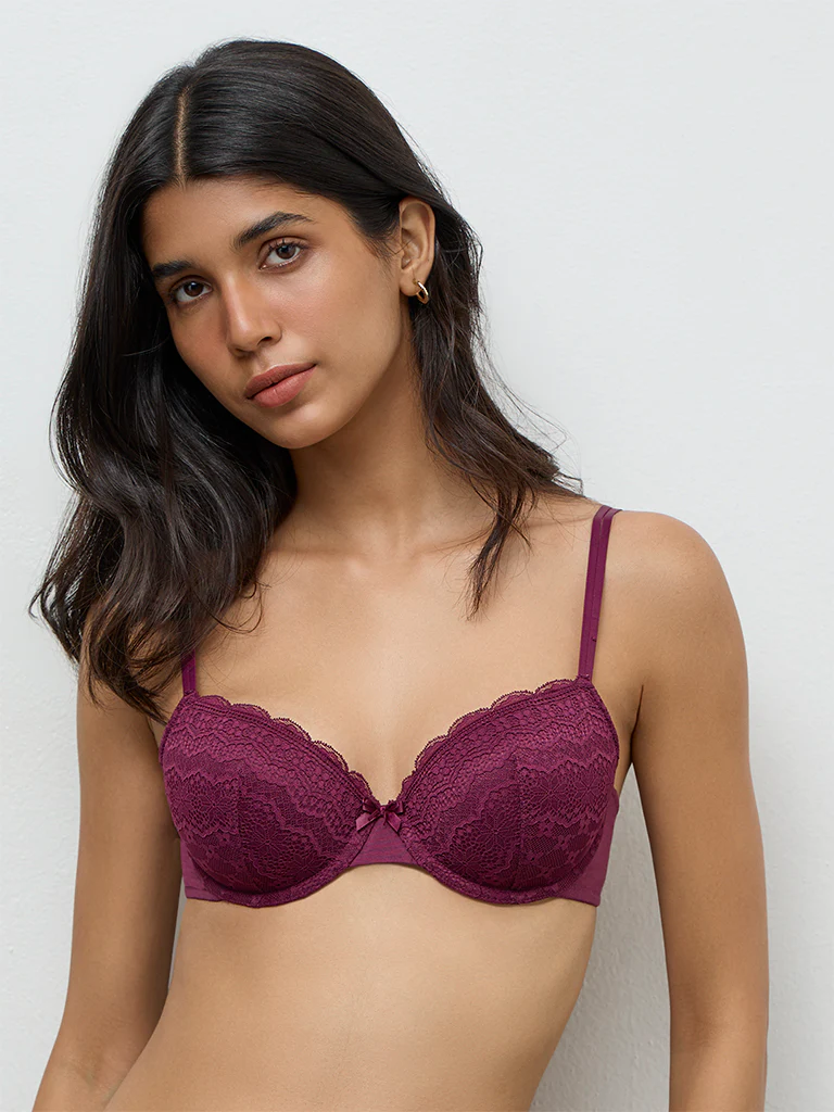 Wunderlove Plum Lace Design Cotton-Blend Under-Wired Bra - Image 2