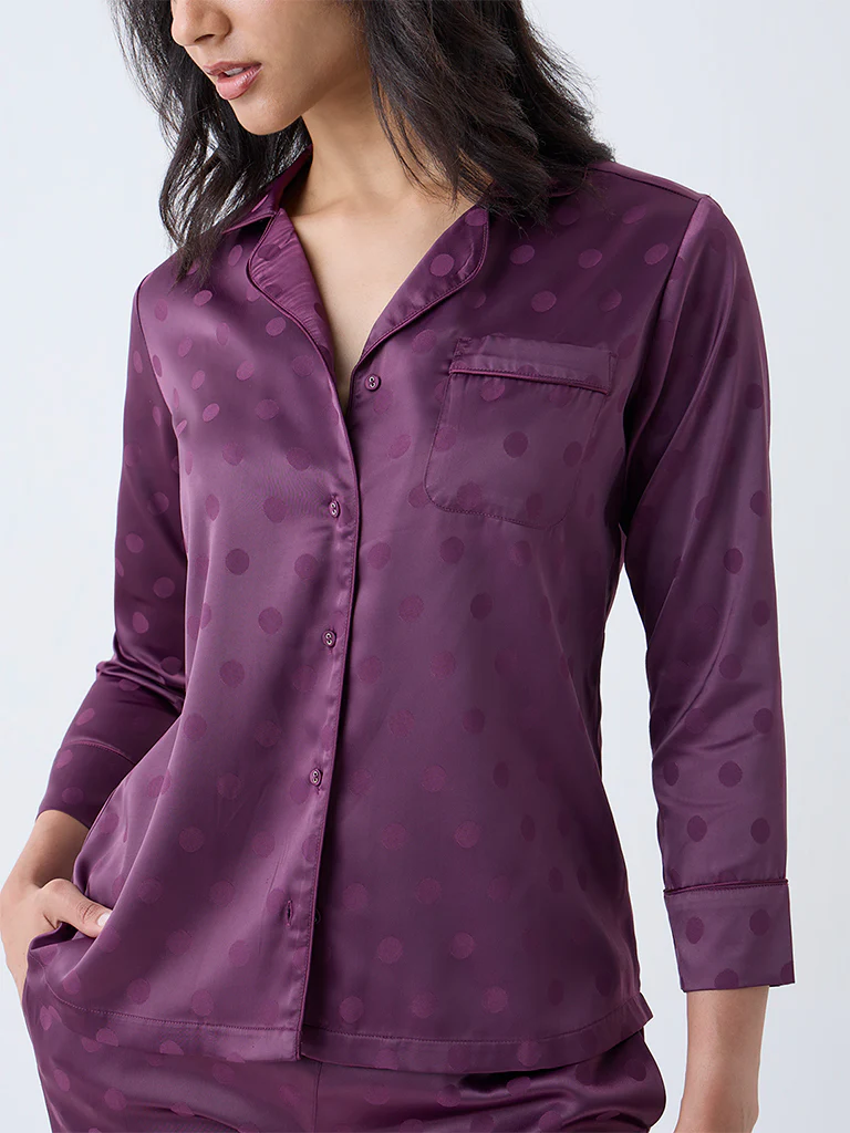 Wunderlove Plum Polka Dotted Satin Shirt with Pyjamas Set - Image 3