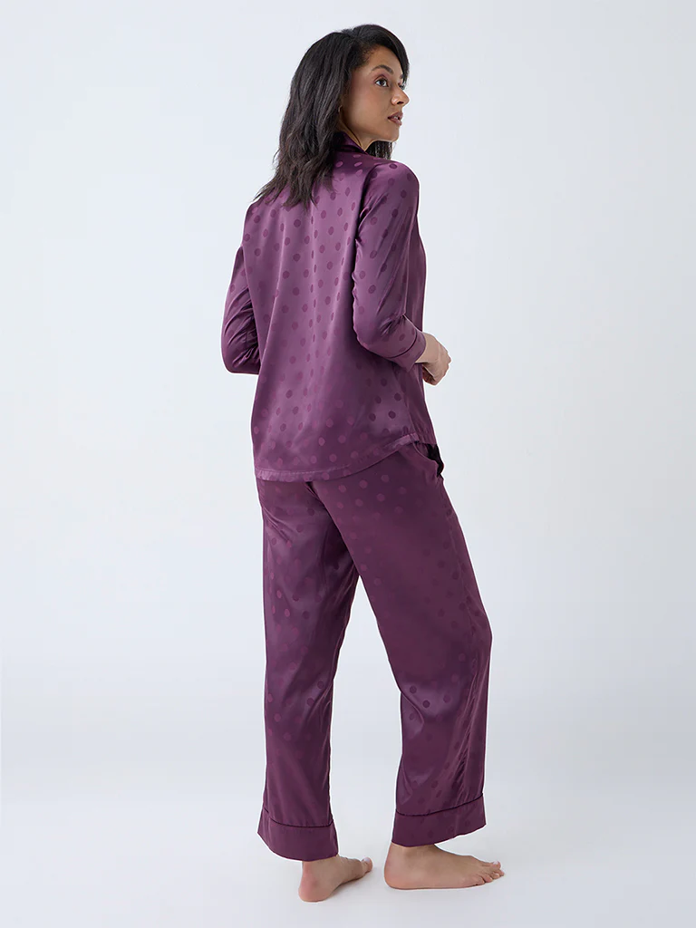 Wunderlove Plum Polka Dotted Satin Shirt with Pyjamas Set - Image 4