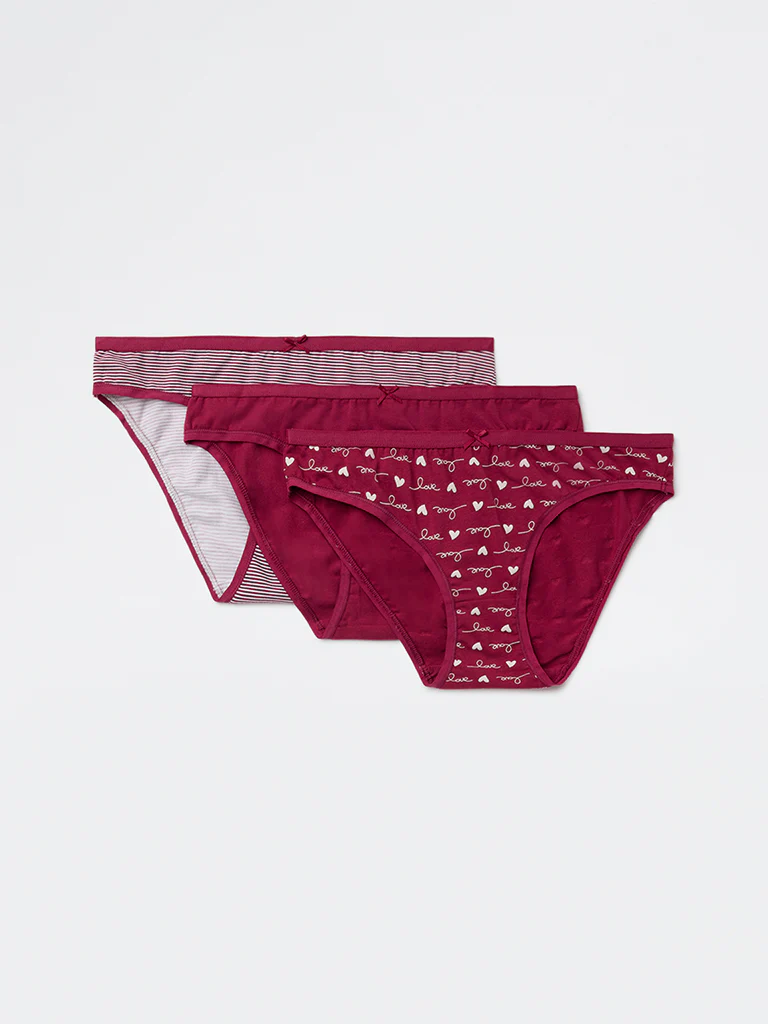 Wunderlove Plum Printed Cotton-Blend Bikini Briefs - Pack of 3 - Image 2