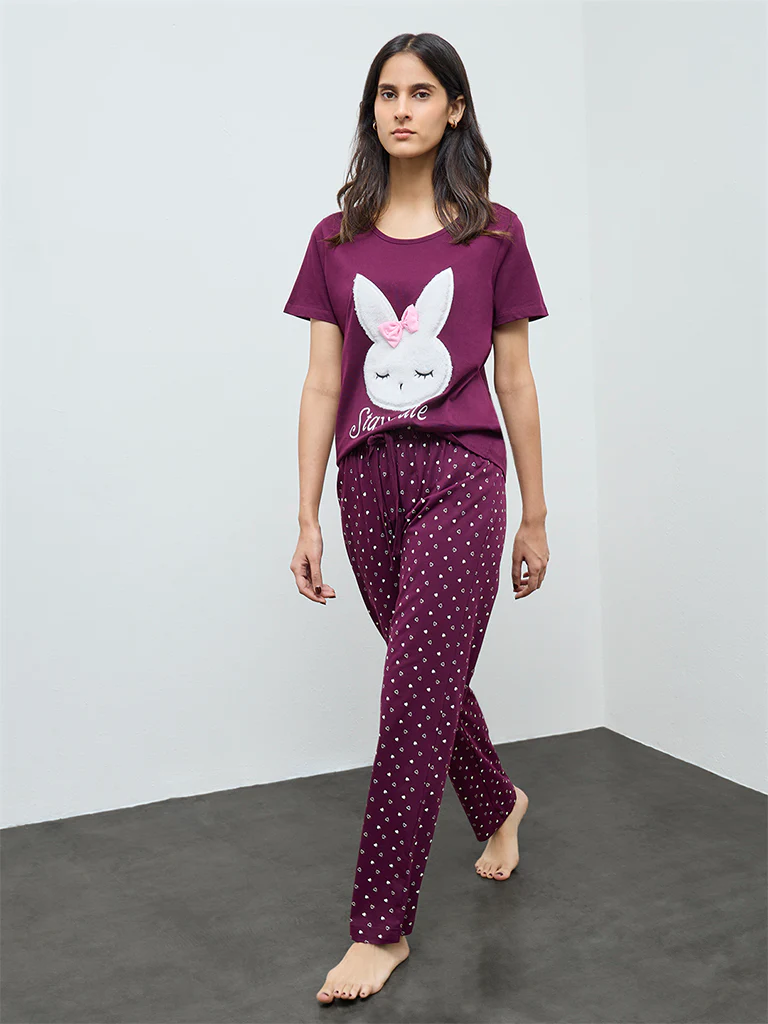 Wunderlove Plum Printed Cotton Pyjamas Set In A Bag - Image 2