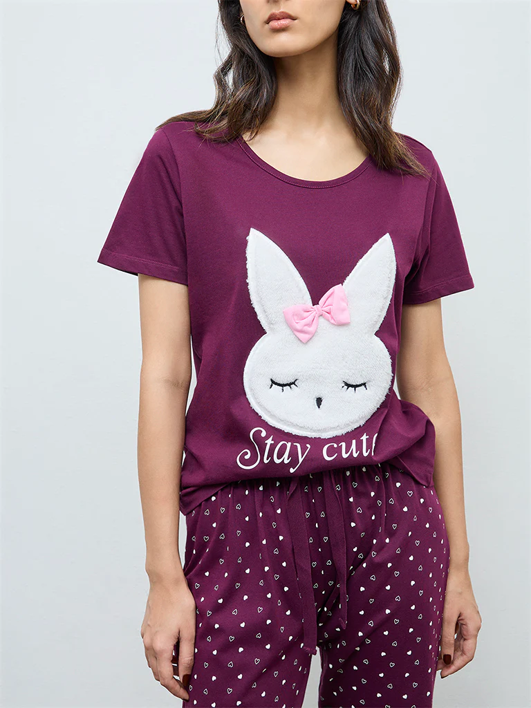 Wunderlove Plum Printed Cotton Pyjamas Set In A Bag - Image 3