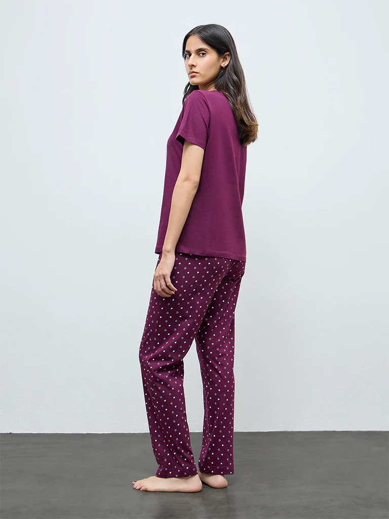 Wunderlove Plum Printed Cotton Pyjamas Set In A Bag - Image 4