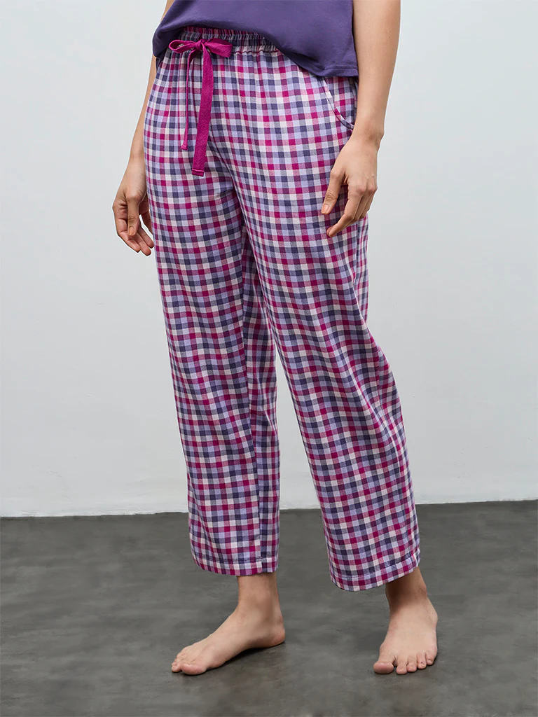 Wunderlove Purple Checkered High-Rise Cotton Pants - Image 2