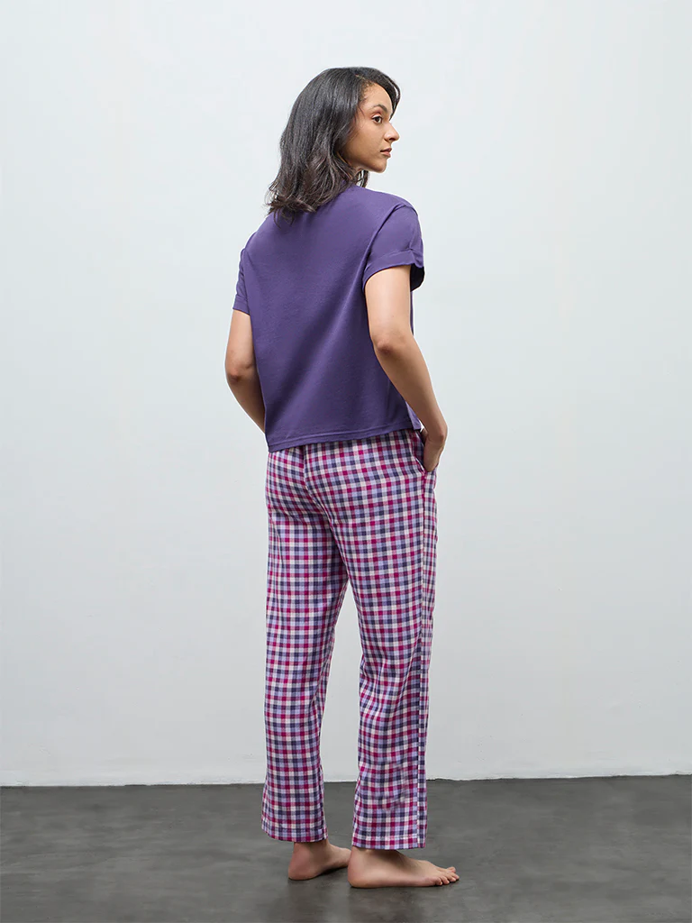 Wunderlove Purple Checkered High-Rise Cotton Pants - Image 4