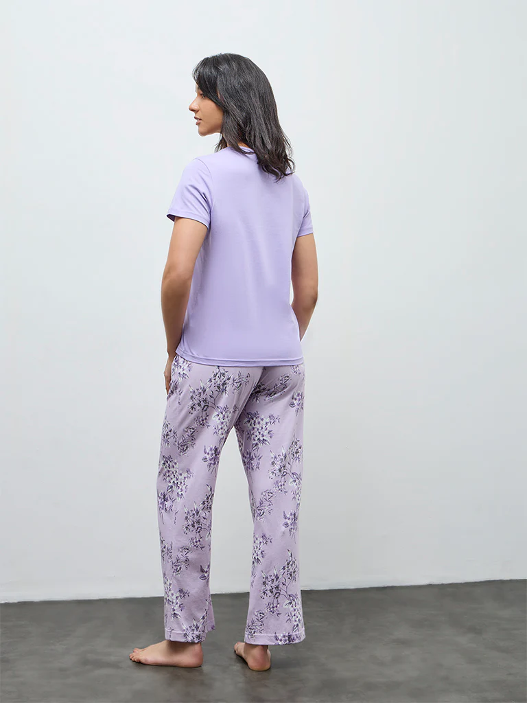 Wunderlove Purple Floral Design High-Rise Cotton Pants - Image 4