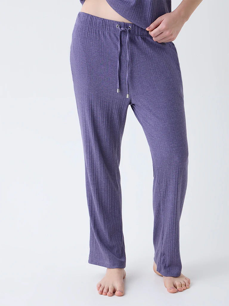 Wunderlove Purple High-Rise Cotton-Blend Lounge Pants - Image 2