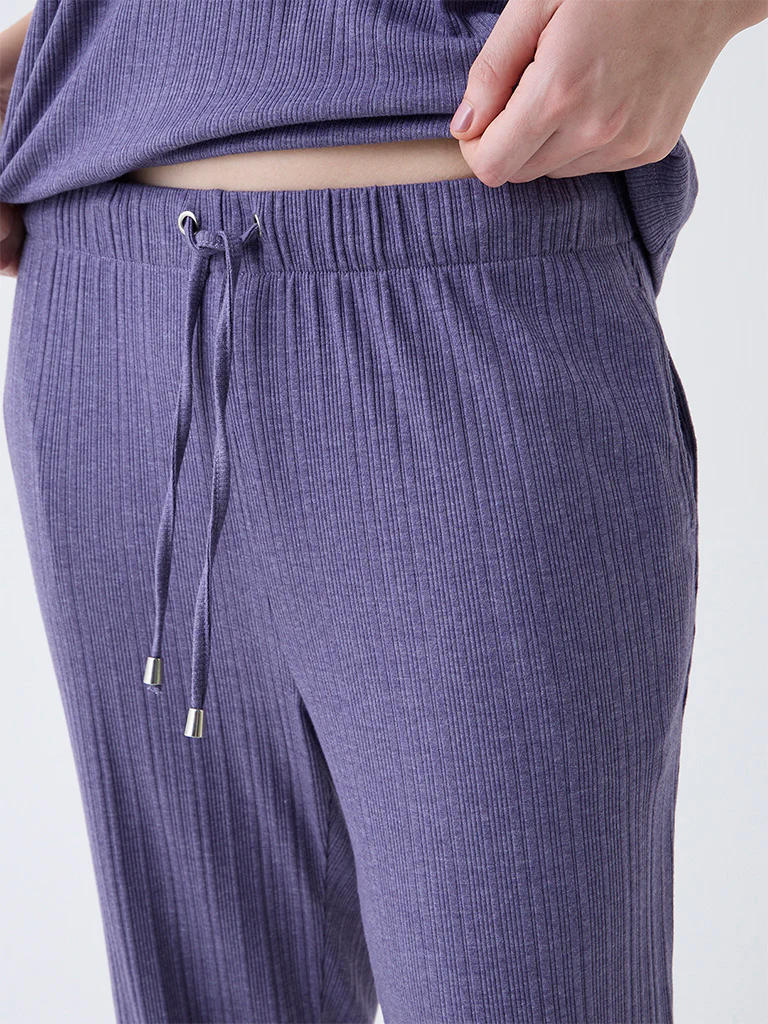 Wunderlove Purple High-Rise Cotton-Blend Lounge Pants - Image 3