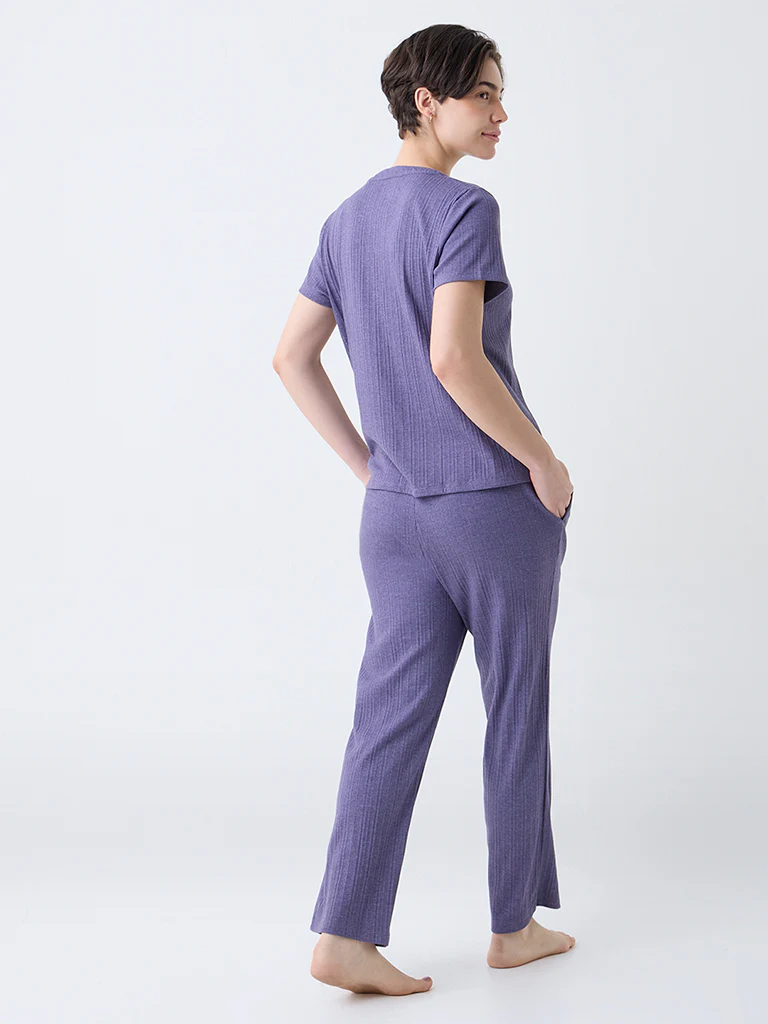Wunderlove Purple High-Rise Cotton-Blend Lounge Pants - Image 4