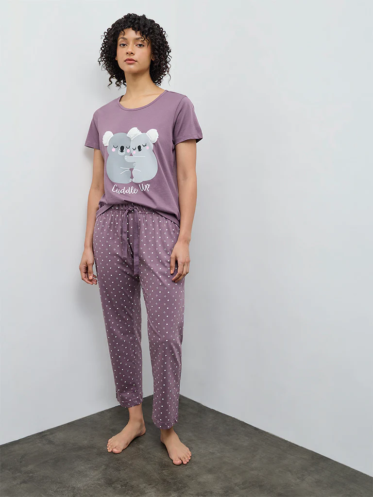 Wunderlove Purple Printed Cotton T-Shirt and Pyjamas Set - Image 2