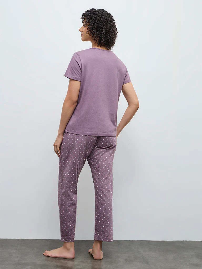 Wunderlove Purple Printed Cotton T-Shirt and Pyjamas Set - Image 4