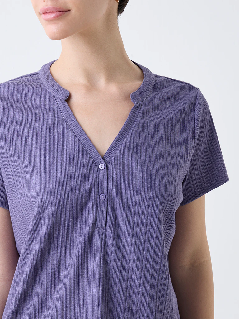 Wunderlove Purple Ribbed-Textured Cotton-Blend Top - Image 3