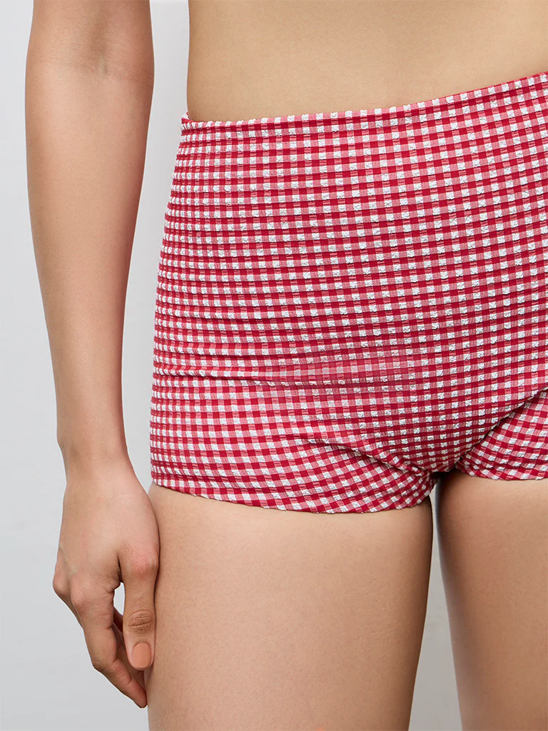 Wunderlove Red Checkered Hi-Waist Boy Shorts Briefs - Image 3