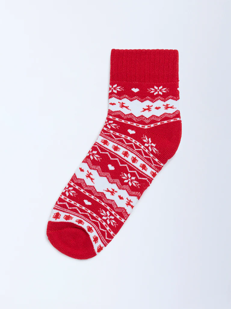 Wunderlove Red Christmas-Themed Cotton-Blend Socks