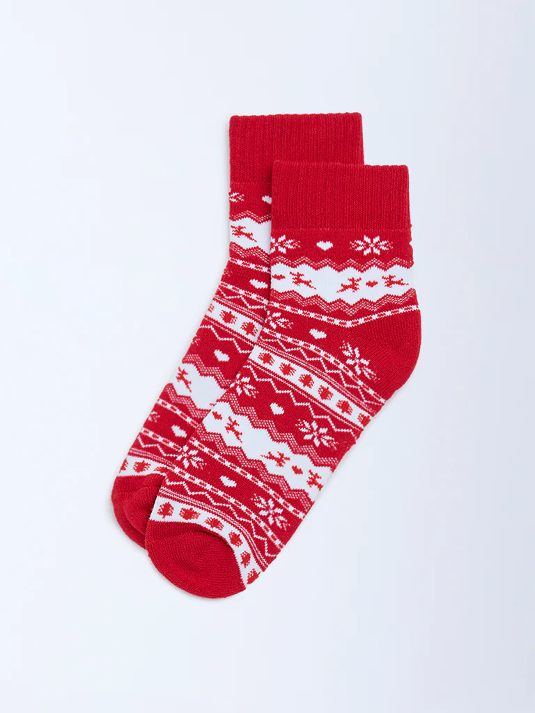 Wunderlove Red Christmas-Themed Cotton-Blend Socks - Image 2