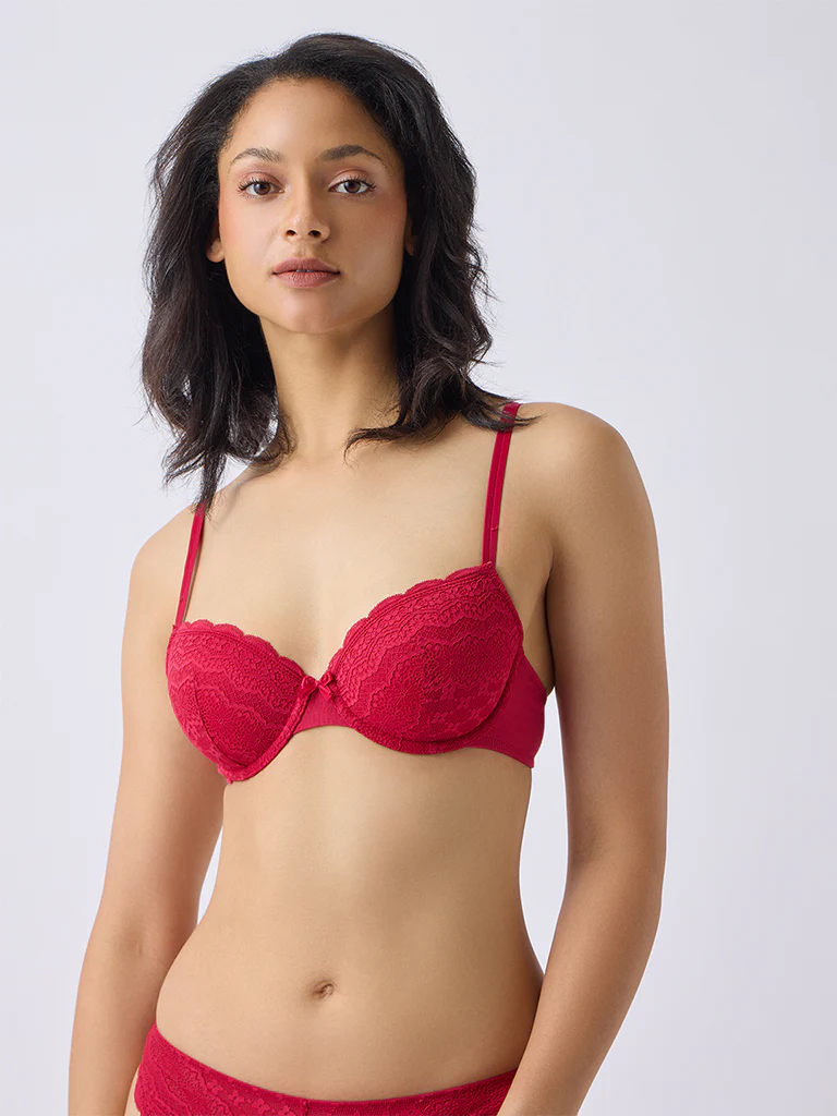 Wunderlove Red Lace-Detail Underwired Cotton-Blend Bra - Image 2