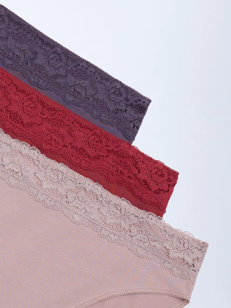 Wunderlove Red Lace Hi-Leg Cotton-Blend Briefs - Pack of 3 - Image 2