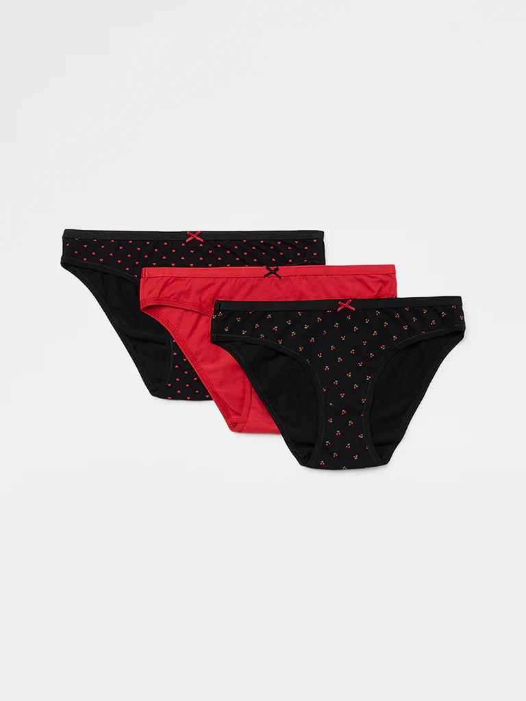 Wunderlove Red Printed Cotton-Blend Bikini Briefs - Pack of 3