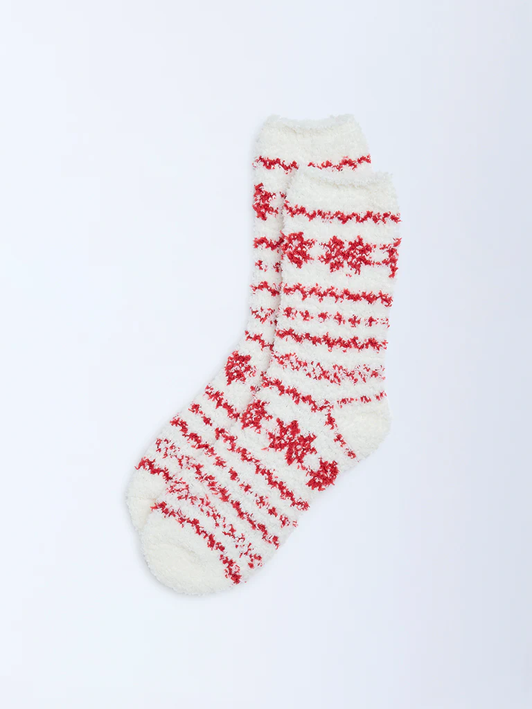 Wunderlove Red Printed Fuzzy Socks - Image 2