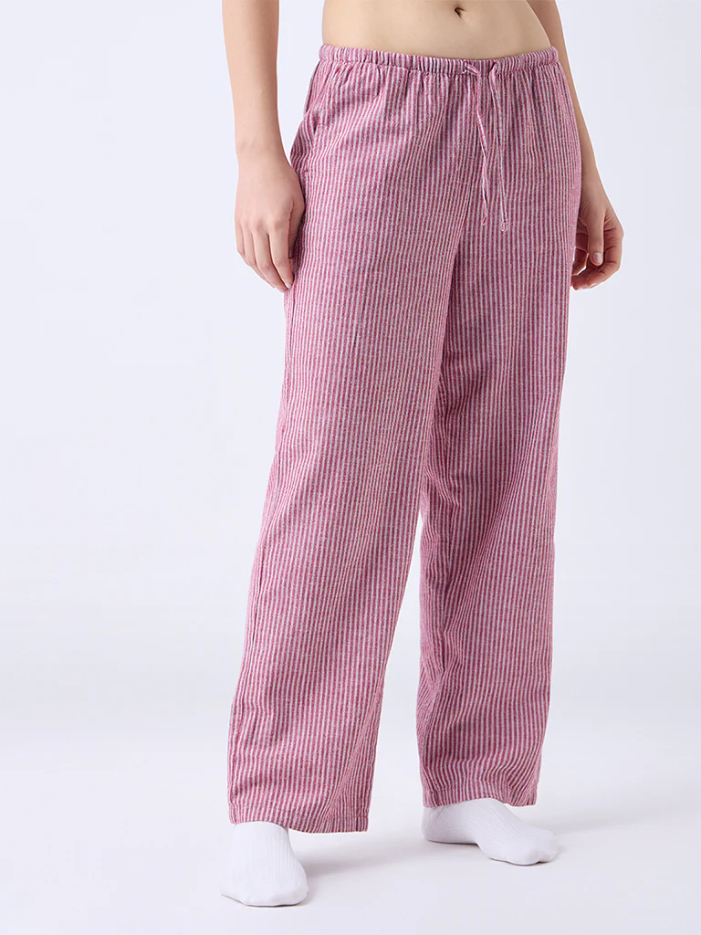 Wunderlove Red Striped High-Rise Lounge Cotton-Blend Pants - Image 2