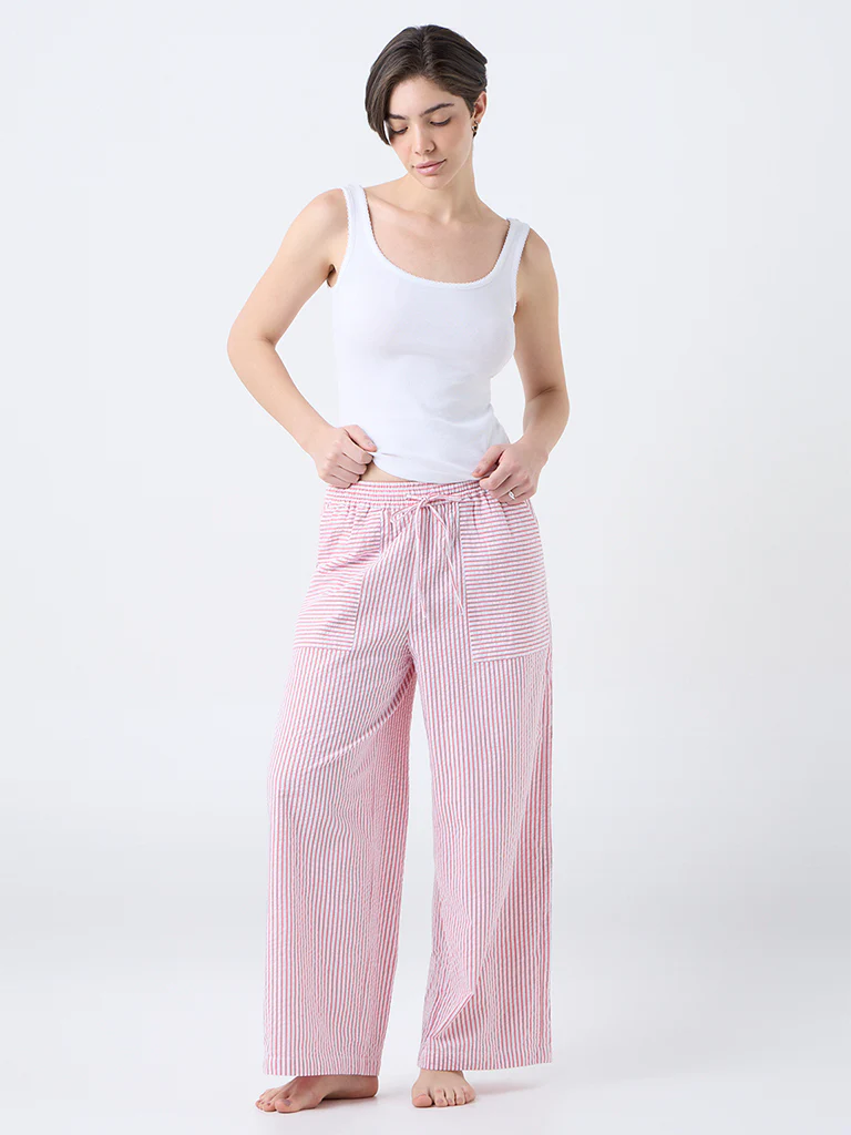 Wunderlove Red Striped High-Rise Cotton Pants