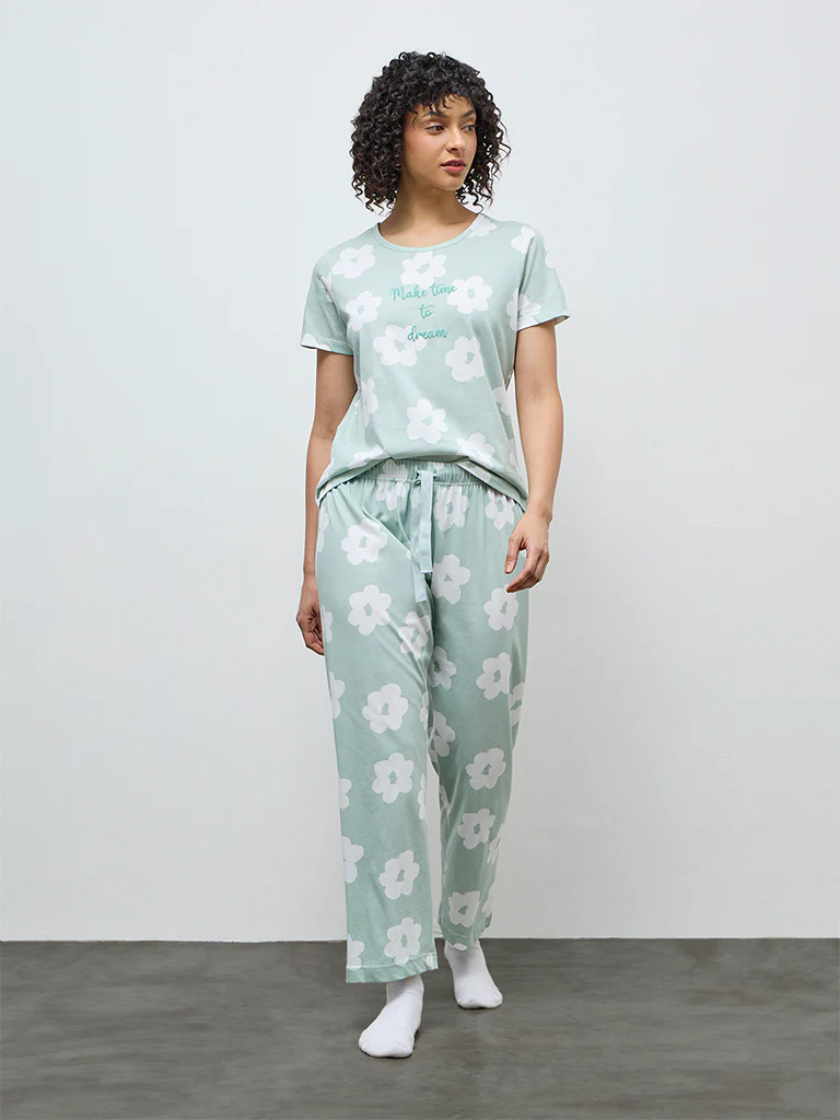 Wunderlove Sage Floral Cotton Pyjama Set in a Bag