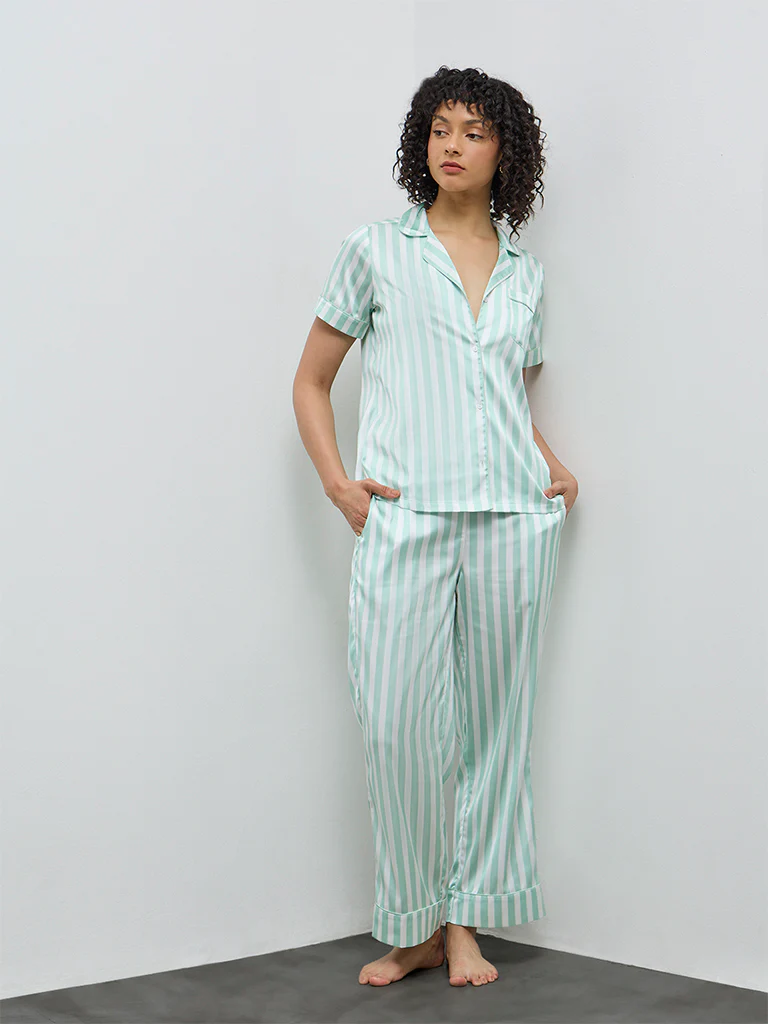 Wunderlove Sage Striped Satin Shirt and Pyjama Set - Image 2