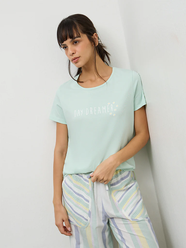 Wunderlove Sage Text Printed Cotton T-Shirt