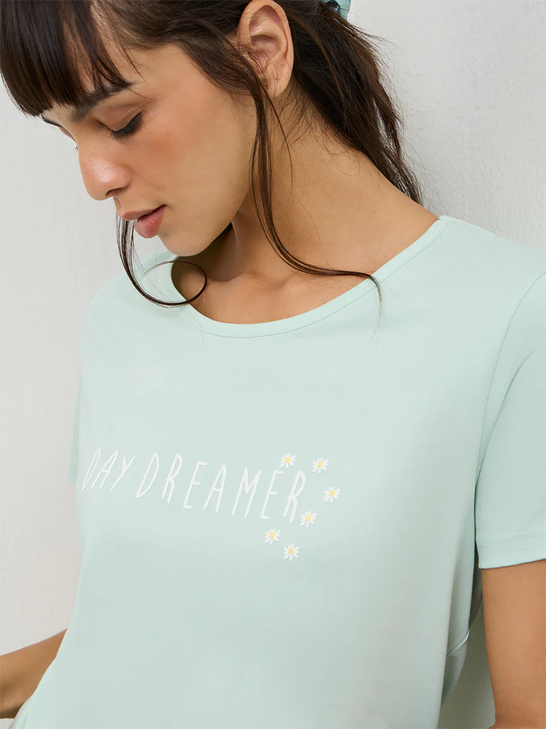 Wunderlove Sage Text Printed Cotton T-Shirt - Image 3