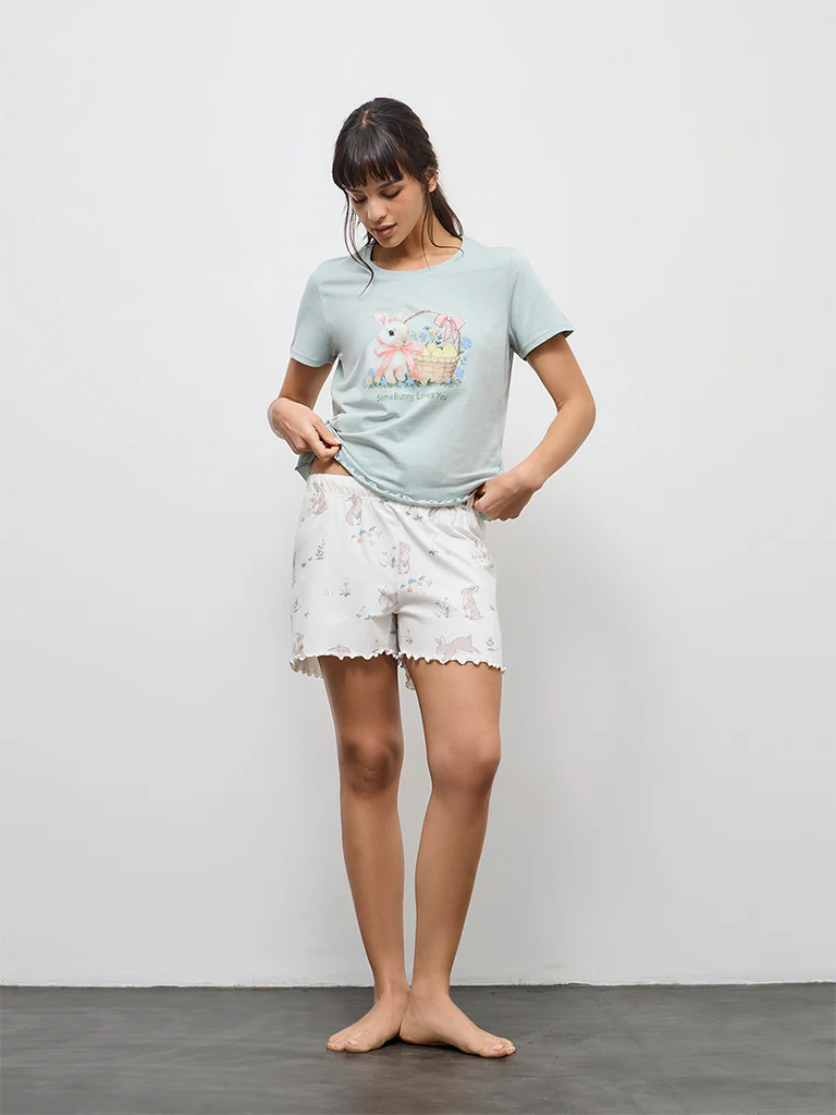 Wunderlove Sea Green Cotton-Blend T-Shirt and Shorts Set - Image 2