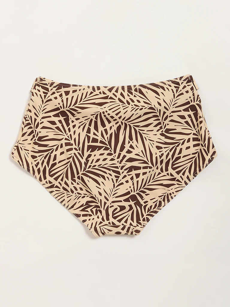Wunderlove Swimwear Beige Leaf Print Belted Briefs - Image 7