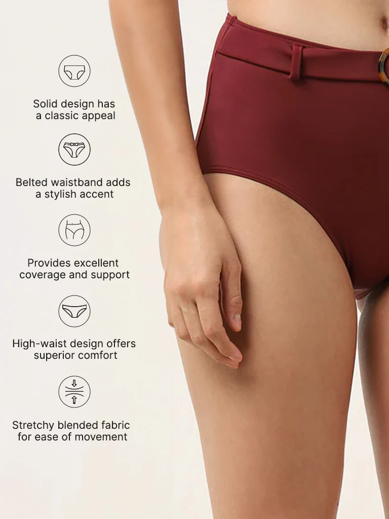 Wunderlove Swimwear Maroon High-Waist Belted Bikini Briefs - Image 3