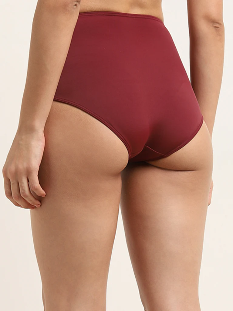 Wunderlove Swimwear Maroon High-Waist Belted Bikini Briefs - Image 5