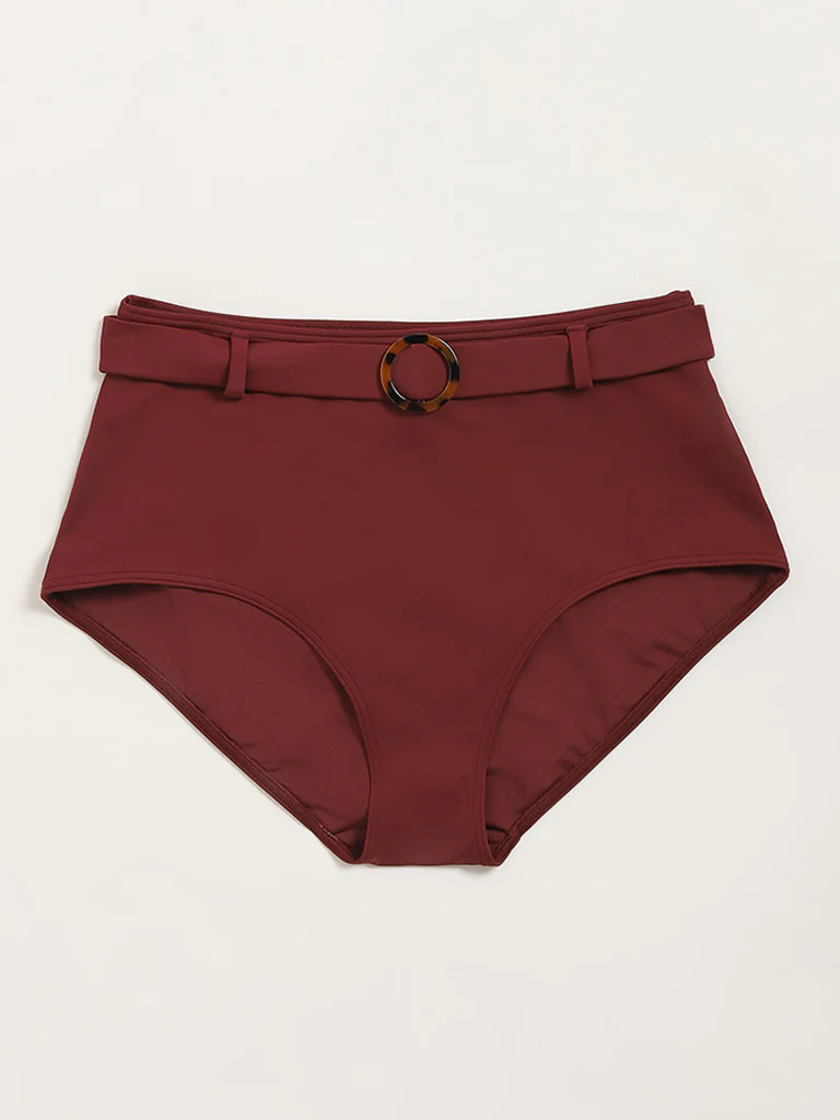 Wunderlove Swimwear Maroon High-Waist Belted Bikini Briefs - Image 6