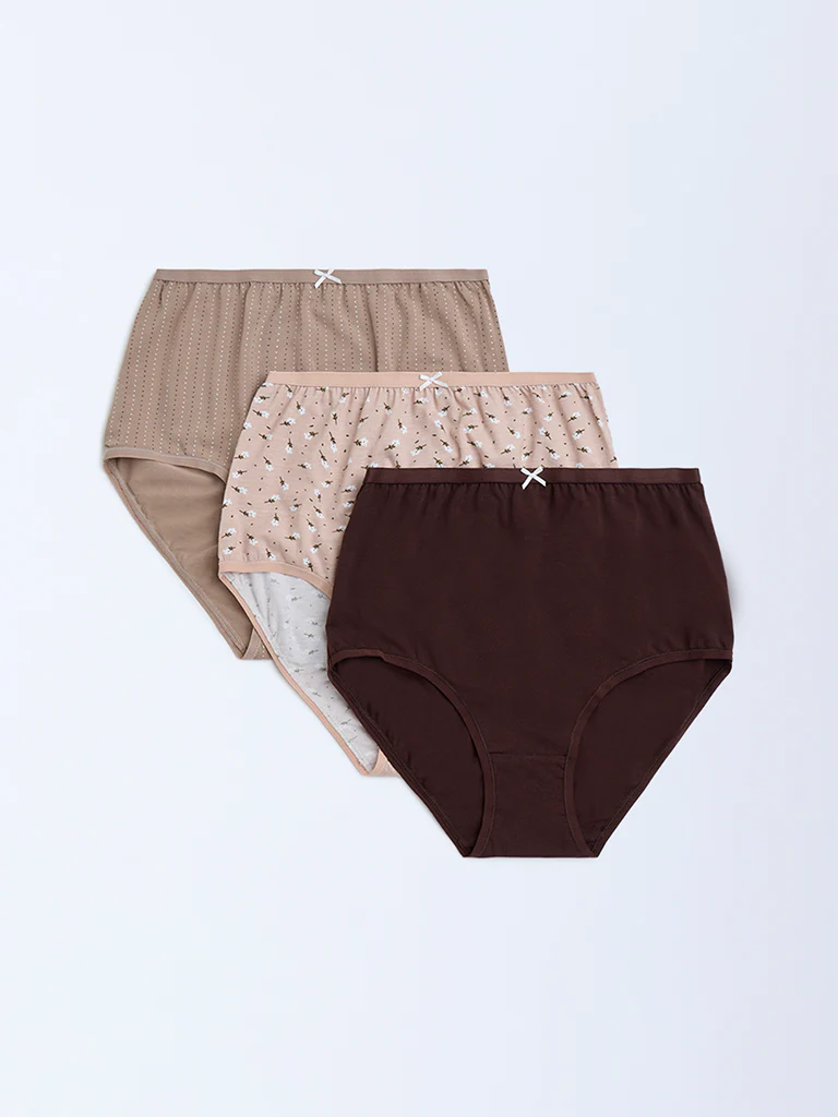 Wunderlove Taupe Cotton-Blend Full Briefs - Pack of 3