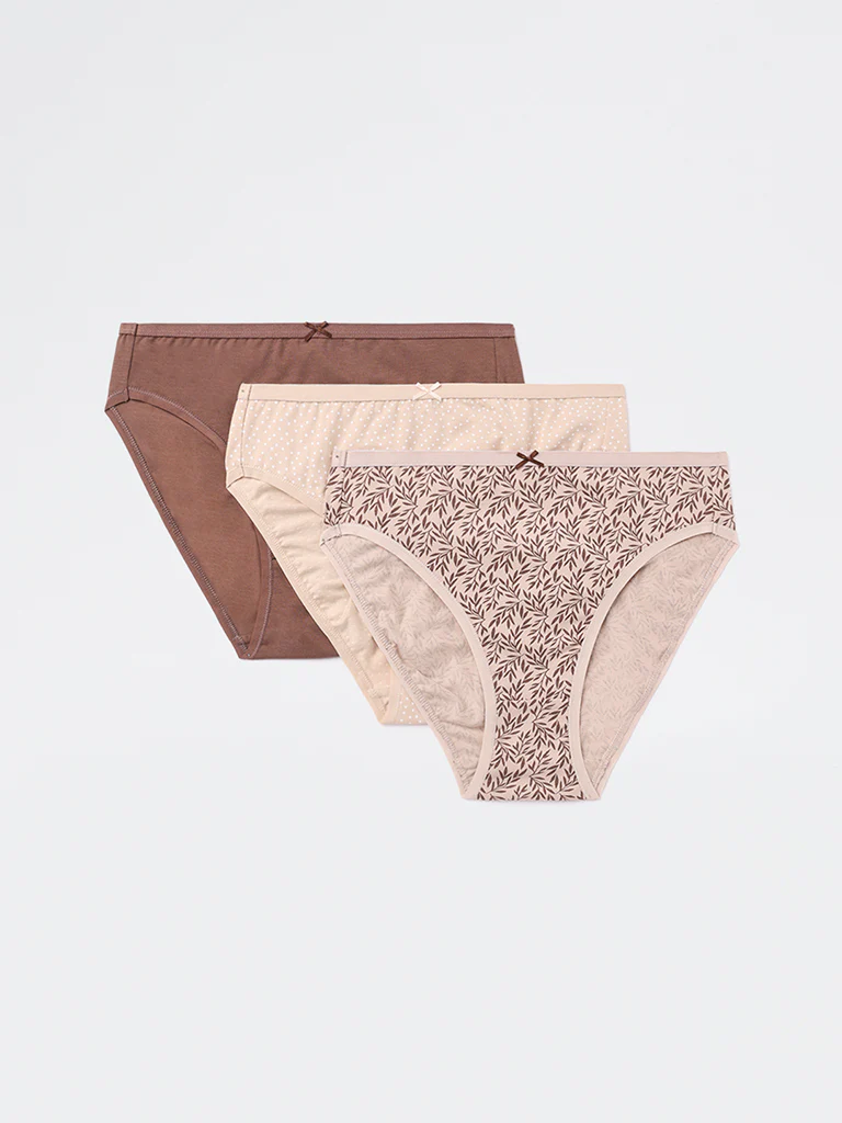 Wunderlove Taupe Hi-Leg Cotton-Blend Briefs - Pack of 3 - Image 2