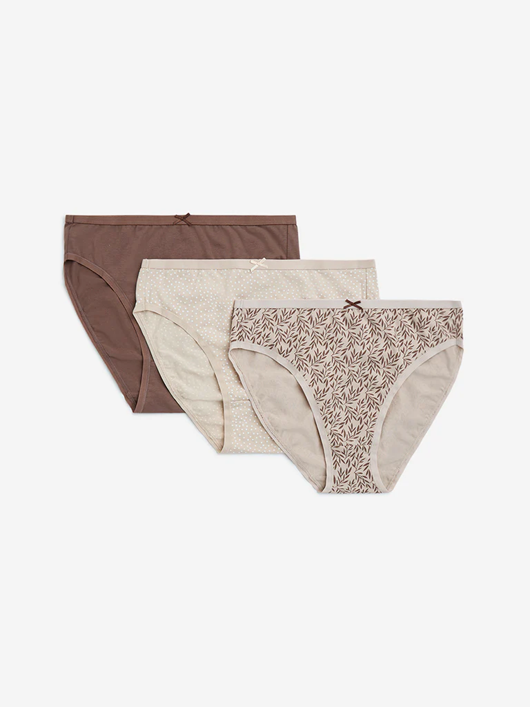 Wunderlove Taupe Printed Cotton-Blend Briefs - Pack of 3 - Image 2