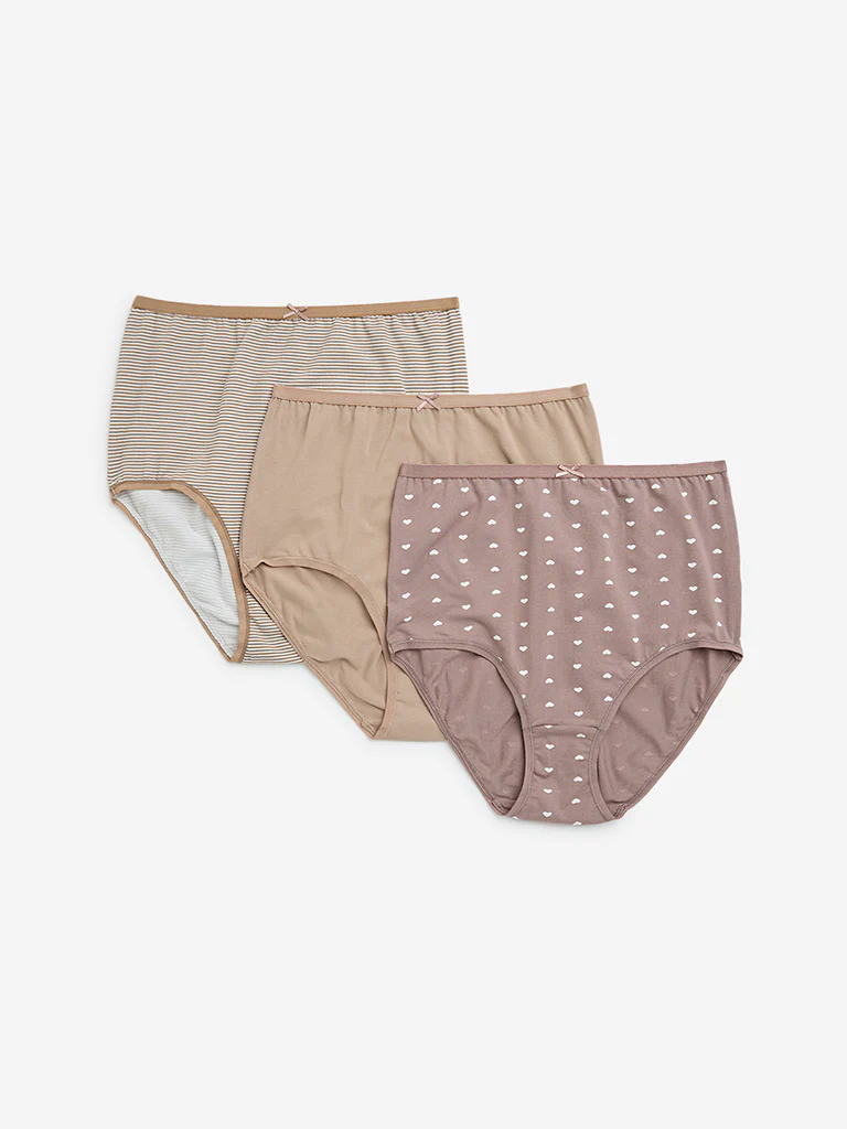 Wunderlove Taupe Printed Cotton-Blend Briefs - Pack of 3