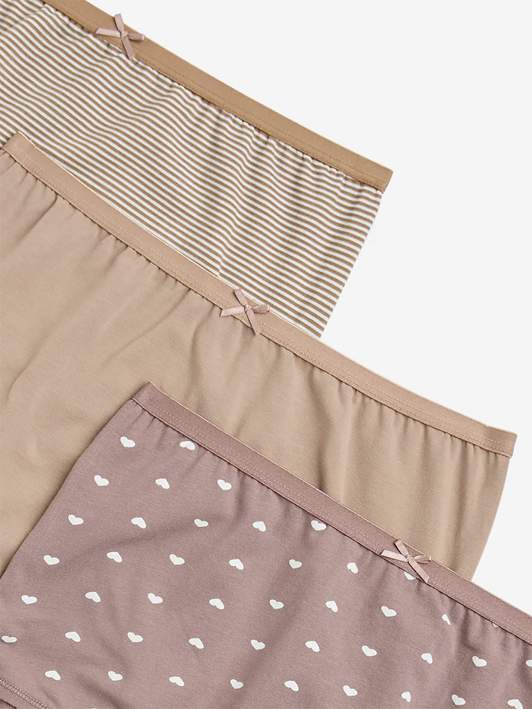 Wunderlove Taupe Printed Cotton-Blend Briefs - Pack of 3 - Image 4