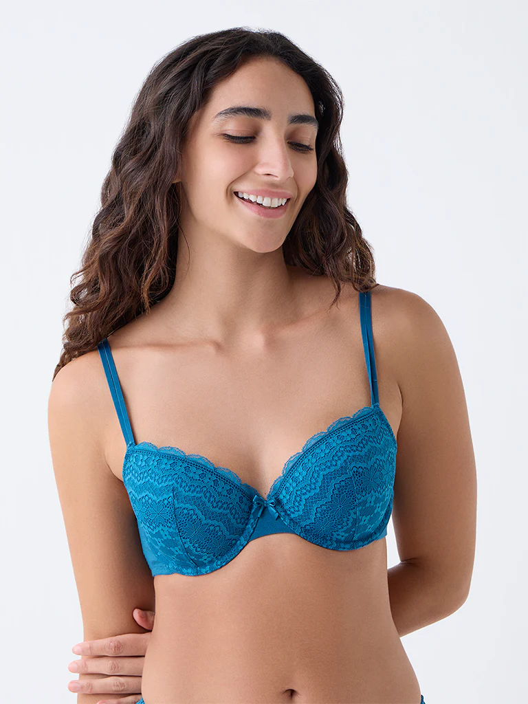Wunderlove Teal Floral Lace Underwired Cotton-Blend Bra - Image 2