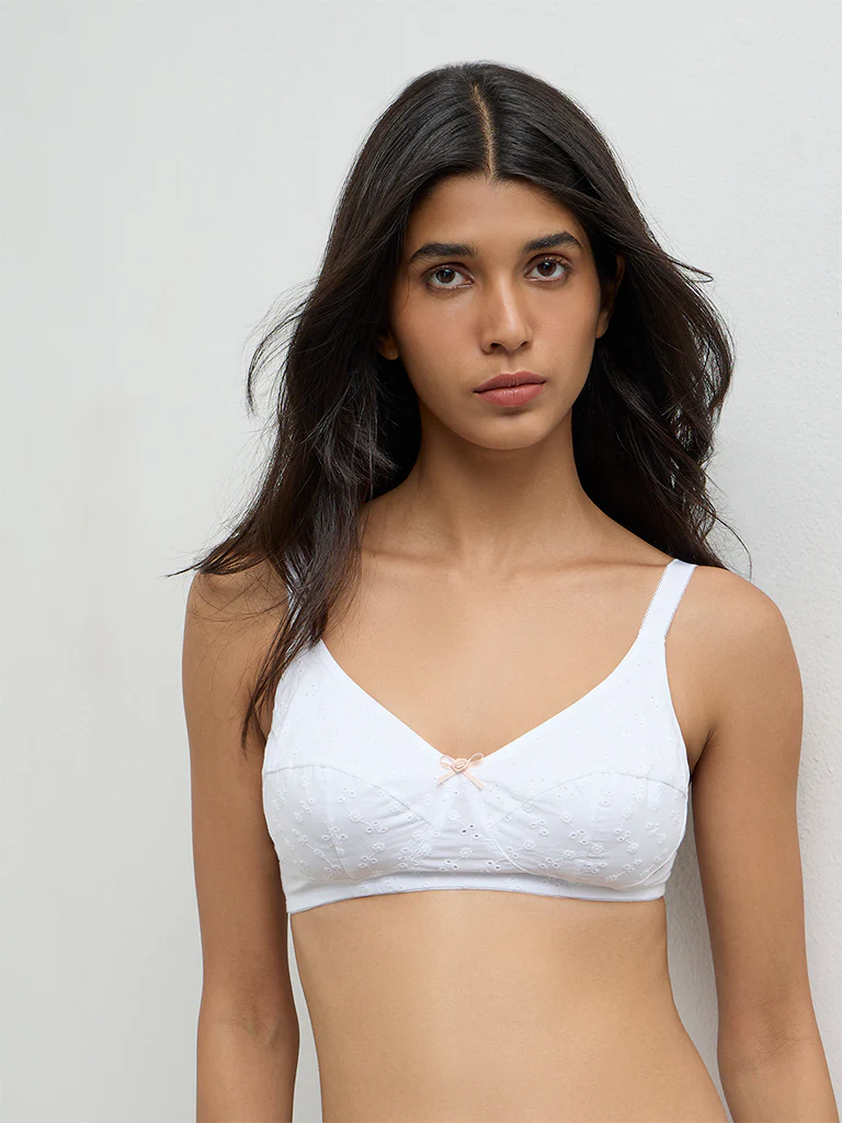 Wunderlove White Broderie Anglaise Non-Padded Cotton-Blend Bra - Image 2
