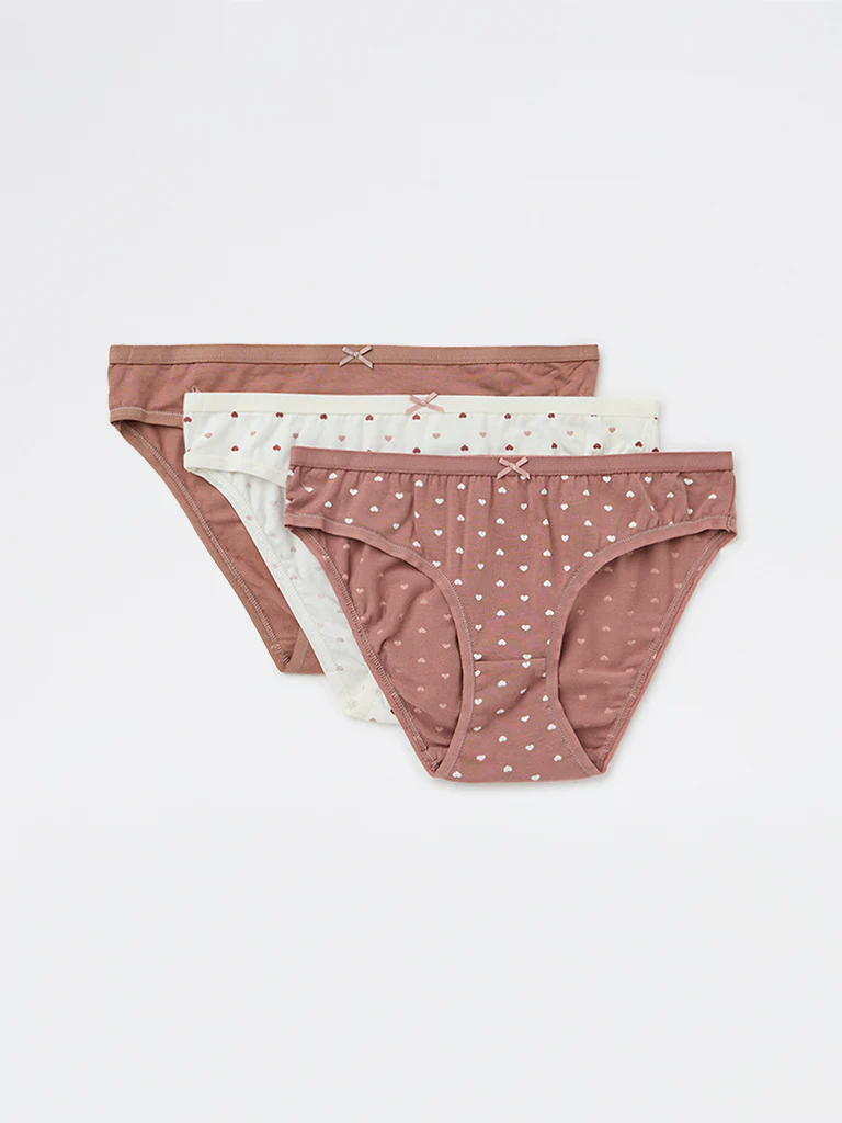 Wunderlove White Heart Printed Cotton-Blend Bikini Briefs - Pack of 3 - Image 2