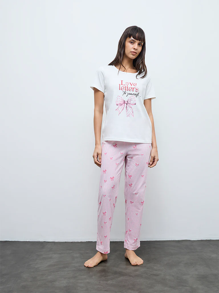 Wunderlove White Printed Cotton Pyjama Set In A Bag