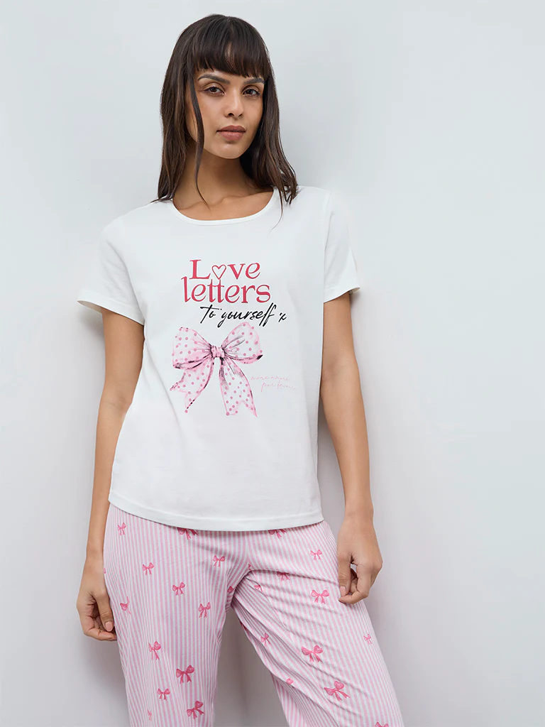 Wunderlove White Printed Cotton Pyjama Set In A Bag - Image 2