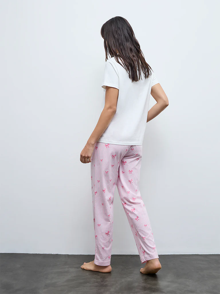 Wunderlove White Printed Cotton Pyjama Set In A Bag - Image 4